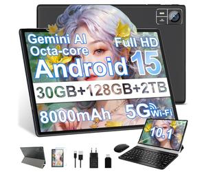 2026 Tablette Android 15 30Go RAM+128Go ROM + TF 2To 10 Pouces,Gemini AI,Octo-Core, 8000mAh,GPS,Corps intégré en métal, 5MP+8MP, WiFi 5G& BT 5.0, Widevine L1 Tablet Avec Clavier et Souris - Noir