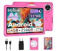 2026 Tablette Android 15, Tablette pour enfants avec EVA Silicone É tui Protection, 24Go+256Go/2To, Tablet 11 Pouces, Octa-Core, Gemini AI/Widevine L1, 8000 mAh, 13MP+5MP, Boîtier Métallique-Rose