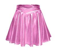 2026, taille haute, plissée, couleur unie, jupe courte, jupe ample, jupe patineuse métallique, scintillante, brillante, évasée, plissée, ligne A, mini jupe noire élégante, Rose, M