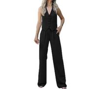 2026 Tenue décontractée 2 pièces pour femme, gilet sans manches avec boutons, chemise, pantalon droit à jambe large et poches, combinaison de neige pour femme, Noir , M