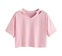2026 Tops courts couleur unie t-shirts de tous les jours épaule courte été décontracté, rose, XL