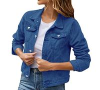 2026 Veste en coton denim pour femme avec poches Couleur unie Bouton vers le bas, bleu foncé, XXL