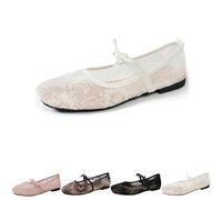 2026 Women's Lace Embroidery Ballet Flats Sheer Floral Mesh Flats, Elegant Square Toe Embroidery Flat Mary Jane Shoes with Bow Strap (White,41)
