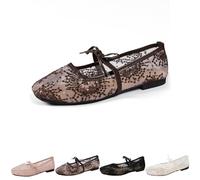 2026 Women's Lace Embroidery Ballet Flats Sheer Floral Mesh Flats, Elegant Square Toe Embroidery Flat Mary Jane Shoes with Bow Strap (Coffee,36)