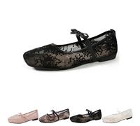 2026 Women's Lace Embroidery Ballet Flats Sheer Floral Mesh Flats, Elegant Square Toe Embroidery Flat Mary Jane Shoes with Bow Strap (Black,42)