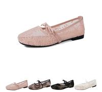 2026 Women's Lace Embroidery Ballet Flats Sheer Floral Mesh Flats, Elegant Square Toe Embroidery Flat Mary Jane Shoes with Bow Strap (Pink,39)