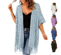 2026 Women's Lightweight Knit Cardigan Oversized Open Front Outwear Summer Hollow Out Crochet Tassel Kimono Boho Beach Cover (Light Blue)