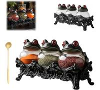 2026New Ensemble de pots à épices d'apothicaire grenouille avec couvercles grenouille, décoration de cuisine vintage pour sel, poivre, herbes et thé, ensemble de 3 pièces avec support noir orné