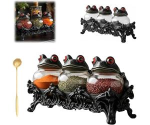 2026New Ensemble de pots à épices d'apothicaire grenouille avec couvercles grenouille, décoration de cuisine vintage pour sel, poivre, herbes et thé, ensemble de 3 pièces avec support noir orné