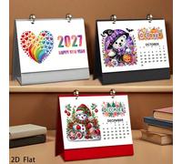 2027 Calendrier de peinture de diamant à motif mignon pour les vacances, Calendrier du Nouvel An, Calendrier de bureau, Chaque page a des motifs différents, Fait main créatif, Support de calendrier po