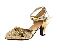 2027-Chaussures de Danse Latine Tango pour Femmes Escarpins Scintillants à Talons Moyens Parfaits pour Les Pratiques de et soirées dansantes Alliant Confort Maintien et élégance sur Piste (Gold, 35)
