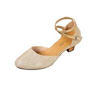 2027-Escarpins de Danse Latine Élégants à Nœud Pailleté Semelle Souple Coussinnée Boucle Sécurisée Talon Bloc Moyen Fermeture Enfiler Pointe Fermée Bride Croisée Toute Saison (Gold, 41)