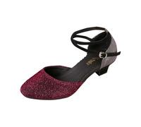 2027-Escarpins de Danse Latine Élégants à Nœud Pailleté Semelle Souple Coussinnée Boucle Sécurisée Talon Bloc Moyen Fermeture Enfiler Pointe Fermée Bride Croisée Toute Saison (Purple, 36)