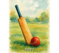 2027: Large Monthly Calendar Planner - Watercolor Cricket Bat And Ball