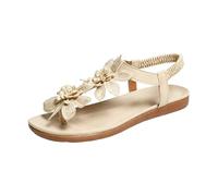 2027-Sandales plates entre-doigts ornées de fleurs tendance parfaites pour l'été plage détente et vacances avec semelle antidérapante fermeture enfilage talon bas confortables pour toutes (Beige, 40)