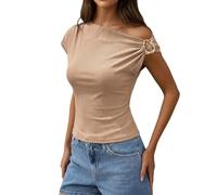 2027 T-shirt asymétrique côtelé à la mode, coupe étroite, épaules dénudées, pour des basiques décontractés, kaki, 3XL
