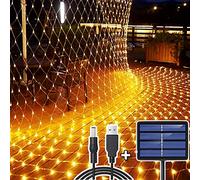 204 LED Filet Lumineux Solaire, 3M*2M Guirlande Lumineuses Filet Solaire/USB Alimenté, Rechargeable Balcon Clôture Maille d'Éclairage, Lumières Corde Fée Etanche Romantique Déco Noel, Blanc Chaud