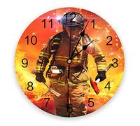 208 Ronde Décoration D'Intérieur Pompiers avec des Outils De Lutte Contre L'Incendie sur La Flamme Orange Horloge Murale sans Tic-Tac Pendule Murale Vintage Cuisine Horloge pour Hôtel École Chambre