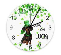 208 Ronde Horloge Murale Chien Teckel Mignon De La Saint-Patrick avec Pièce Glod Et Trèfles Verts Pendule Murale Silencieuse Horloge Vintage Décoration D'Intérieur pour Maison Bureau Salon