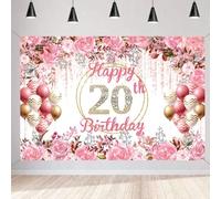 20e anniversaire décoration femme, bannière joyeux 20e anniversaire bannière tissu panneau affiche, femmes 20e anniversaire fond bannière fête d'anniversaire panneau de bienvenue avec élément floral