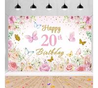20e anniversaire décoration femme, bannière joyeux 20e anniversaire fleurs tissu panneau affiche décoration de porte, bannière de fond pour femmes 20e anniversaire bannière de fond de fête