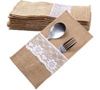 20pcs Sac Toile Jute Dentelle Pochette Couvert Porte Couvert Fourchette Jute Vintage Decoration Table de Mariage Fête Noël(Dimension