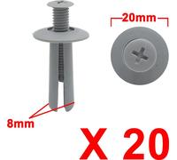 20Pcs Voiture Rivets en Plastique Gris Bouclier Anti-Projection Clip Fixation Aile 8mm