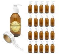 20x Flacon Pompe en Verre Ambré 150 ml avec Couvercle à Pompe Doseuse + 20 Étiquettes Personnalisés - Huiles Essentielles, Cosmétiques, Produits pour le Bain, Distributeur de Savon - Skincare