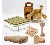 20x Petit Pot de Miel Hexagonal avec Couvercle 80ml + 20x Boîte Kraft pour 1 Pot + 20x Cuillère de Miel + 20x Bande de Tissu de Jute + 20x Étiquette Kraft + Ficelle de Jute - Conservation de Miel