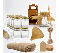 20x Pot en Verre Carré 100ml avec Couvercle + 20 Boîtes + 20 Cuillères en Bois + 20 Étiquettes Kraft + 20 Étiquettes Autocollants + Tissu et Ficelle de Jute - Épices, Confiture, Yaourt