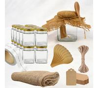20x Pot en Verre Carré 212ml avec Couvercle + 20 Cuillères en Bois + 20 Étiquettes Kraft + 20 Étiquettes Autocollants + Tissu et Ficelle de Jute - Rangement Cuisine - Épices, Confiture, Yaourt