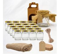 20x Pot en Verre Carré pour Épices 150ml avec Couvercle + 20 Boîtes + 20 Étiquettes Kraft + Tissu et Ficelle de Jute