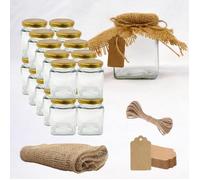 20x Pot en Verre Carré pour Épices 212ml avec Couvercle + 20 Étiquettes Kraft + Tissu et Ficelle de Jute - Bocaux Rangement Cuisine