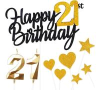 21 Ans Noir Or Decoration Gateau Anniversaire 9 Pcs,Double Glitter Happy 21st Birthday Cake Topper Deco avec,21 Ans Bougies,Star Heart Cupcake,Décoration de Gâteau pour Femmes/Homme