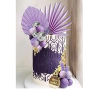 21 pièces Décoration de gâteau bohème, éventail en papier feuille de palmier violet et argent et boule en mousse, décoration de gâteau boule disco violette et laser, fournitures de décoration de cuiss
