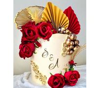 21 pièces Décorations de gâteau avec roses rouges artificielles, boules en mousse dorées, feuilles de ginkgo et éventails en papier beige et or. Idéal pour les mariages, les enterrements de vie de jeu
