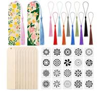 21 Pièces Marque-pages en Bois Vierges, Kit Marque-Pages avec 24 Pochoir de Dessin Mandala et 21 Glands Colorés, DIY Étiquettes en Bois Suspendues pour Marque-Pages Décoration Maison