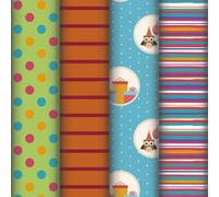 211400amzc - Un Carton De 10 Rouleaux De Papier Cadeau - Papier Excellia 80g - Dimensions : 5x0,70m - Motif : Hiboux,Enfant,Rayures,Multicolor - Emballage Cadeau