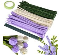 215 Pièces Chenilles Créatives 30cm - Kit Fleurs DIY avec Tiges Florales, Ruban de Fleuriste - Fils Chenille Verts Blancs Violets Souples pour Création de Tulipes, Loisirs Créatifs Enfants et Adultes