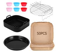 21CM Accessoires Air Fryer Compatible pour Philips XL 6,2L, COSORI 5,5L 4,7L, Cecotec 5,5L 6L, 5PCS Réutilisable Moule Silicone Air Fryer,Plateau à pizza,Grille,Papier Cuisson Air Fryer