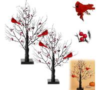 21Inch Vintage Glowing Tree with Cardinal, Little Red Bird Trees Light, Twinkle Trees Lamp for Christmas, Halloween, Thanksgiving, Home Décor (2Pcs)