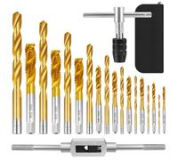 21PCS Métriques Forets et Tarauds, Jeu de Tarauds à Filetage avec 9 Tarauds M2-M12, 9 Forets Hélicoïdaux 1,5-10mm, 2 Clés à Taraud et 1 Petit Sac en Cuir, Kit Taraudage pour Bois, Plastique et Métal