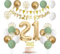 21st Birthday Decorations for Women Men, Banner with Cake Topper Number 18 Foil Balloon Sage Green White Gold Balloons for 18th Years Old Birthday Party Decoration