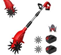 21v Cordless Tiller Cultivator, Gardening Cordless Tillers with 250RPM, 2 Battery Set, 9" Width 6.6" Depth, Portable for Lawn Garden Small Spaces (Red 2 Batteries)
