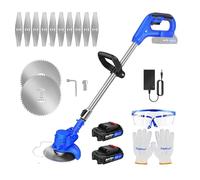21V Coupe Bordure sans Fil avec Batterie, Coupe-Herbe électrique,Débroussailleuse à Gazon sans balais,Tête Orientable à 90°, Hauteur Réglable(2xbatteries /Bleu)