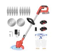 21V Coupe Bordure sans Fil avec Batterie, Coupe-Herbe électrique,Débroussailleuse à Gazon sans balais,Tête Orientable à 90°, Hauteur Réglable(2xbatteries /Rouge)