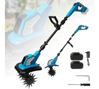 21V Motobineuse Électrique, 360RPM, Largeur Ø17cm, Profondeur Ø24cm, Hauteur réglable 90-140cm, 600W Motobineuse Électrique sans Fil pour Pelouse/Jardin/Travaux du Sol (Bleu+Batterie)