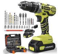 21V Perceuse Visseuse Sans Fil, 45Nm Perceuse Percussion Sans Fil, Visseuse Devisseuse avec 2 Batteries 2.0Ah, 25+3 Couple Réglages, 10mm Métal Mandrin Verrouillage, 2 Vitesses, 27 Accessoires Green