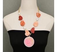 22" Freshwater White Rice Pearl Paved Real Coral Slice Necklace Yanyuan Agate Flower Carved Pendant Party Neck