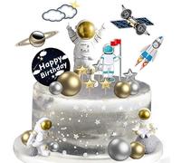 22 Pcs espace gâteau Topper, Toppers Cupcake espace extérieur décorations Figurine astronaute espace d’anniversaire fournitures de fête sur le thème planète fusée boules de perle et Star
